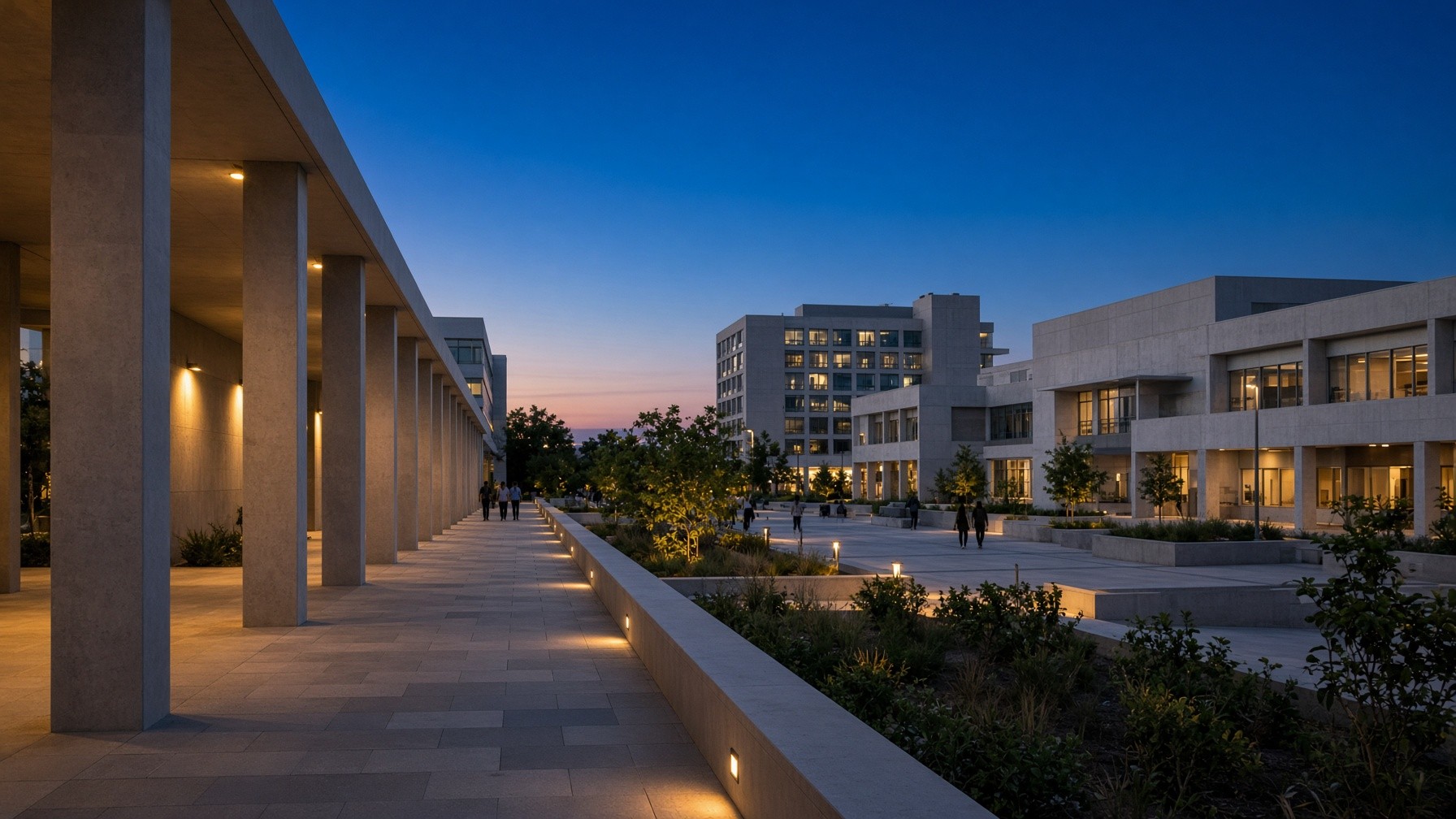 Campus universitario al anochecer
